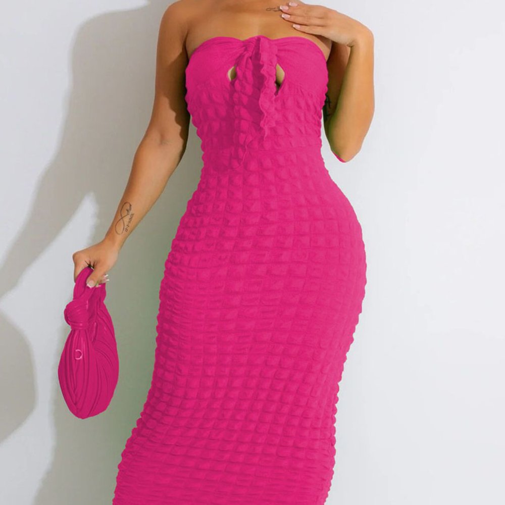 Rose Red Solid Bandage Patchwork Strapless Pencil Skirt Dress